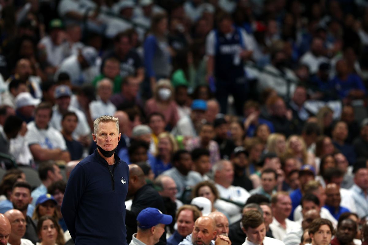 DALLAS, TEXAS - MAY 24: Head coach Steve Kerr of the Golden State Warriors looks on during the second quarter against the Dallas Mavericks in Game Four of the 2022 NBA Playoffs Western Conference Finals at American Airlines Center on May 24, 2022 in Dallas, Texas. NOTE TO USER: User expressly acknowledges and agrees that, by downloading and or using this photograph, User is consenting to the terms and conditions of the Getty Images License Agreement. (Photo by Tom Pennington/Getty Images) (Photo by Tom Pennington/Getty Images)