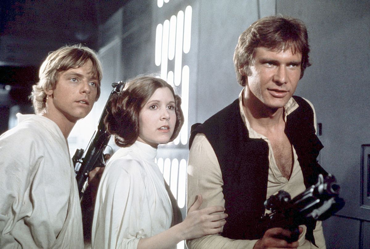 American actors Mark Hamill, Carrie Fisher and Harrison Ford on the set of Star Wars: Episode IV - A New Hope written, directed and produced by Georges Lucas. (Photo by Sunset Boulevard/Corbis via Getty Images) (Getty Images)