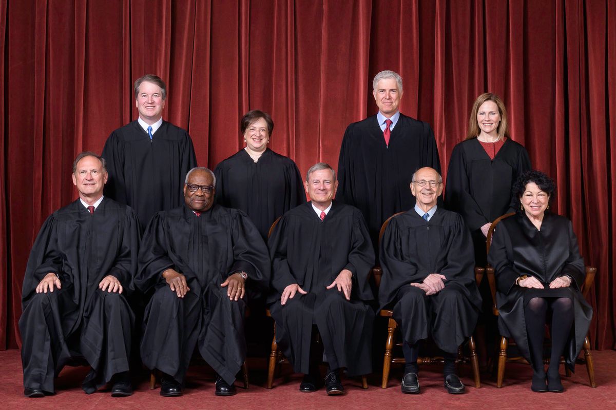 The Roberts Court, April 23, 2021  
Seated from left to right: Justices Samuel A. Alito, Jr. and Clarence Thomas, Chief Justice John G. Roberts, Jr., and Justices Stephen G. Breyer and Sonia Sotomayor  
Standing from left to right: Justices Brett M. Kavanaugh, Elena Kagan, Neil M. Gorsuch, and Amy Coney Barrett.  
Photograph by Fred Schilling, Collection of the Supreme Court of the United States (Fred Schilling, Collection of the Supreme Court of the United States/Wikimedia Commons)
