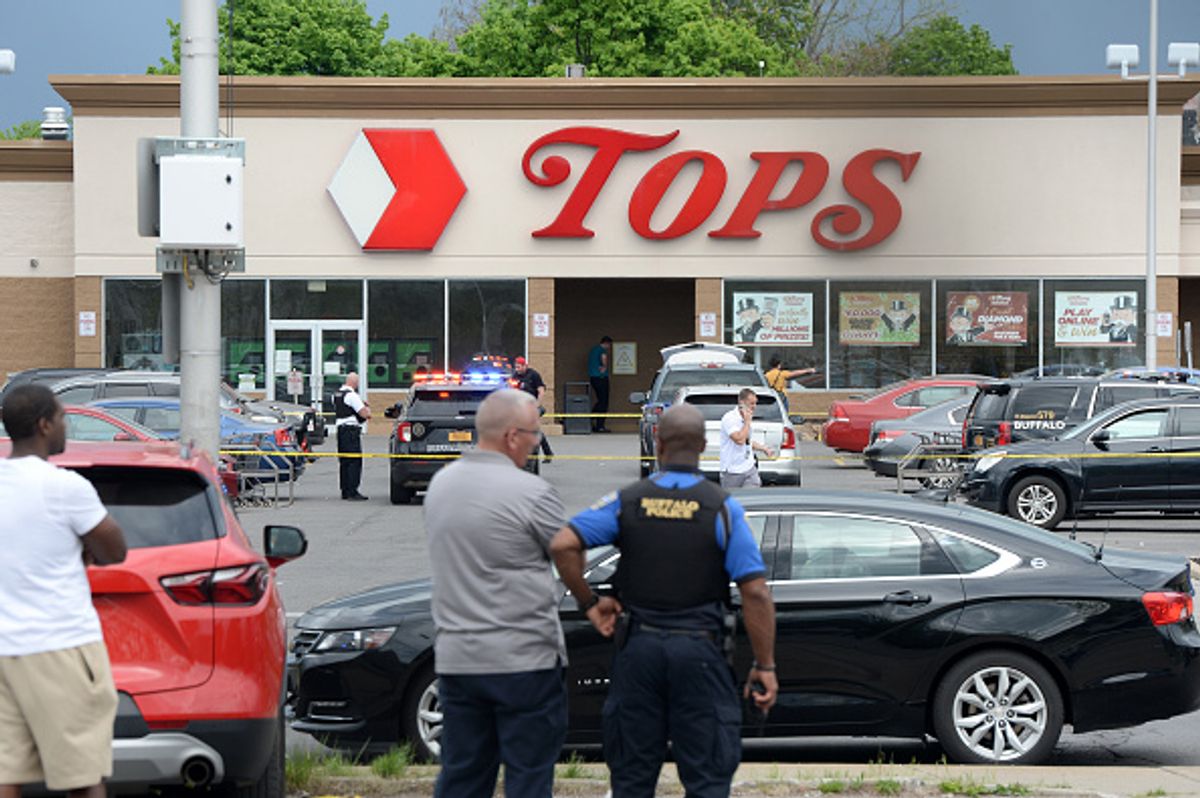 BUFFALO, NY - MAY 14: Buffalo Police on scene at a Tops Friendly Market on May 14, 2022 in Buffalo, New York. According to reports, at least 10 people were killed after a mass shooting at the store with the shooter in police custody. (Photo by John Normile/Getty Images) (Photo by John Normile/Getty Images)