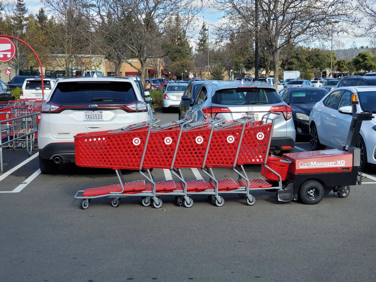 Line of red Target shopping carts with logos visible in parking lot in San Ramon, California, January 22, 2020. (Photo by Smith Collection/Gado/Getty Images) (Smith Collection/Gado/Getty Images)