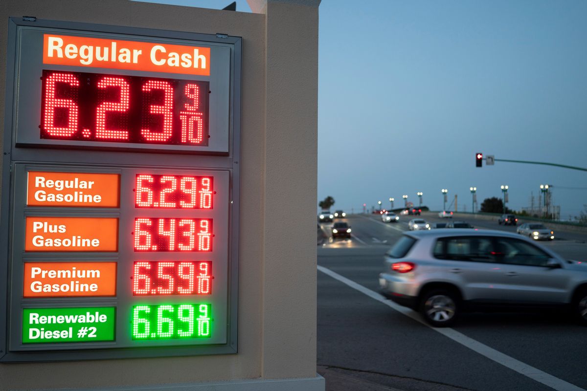 MILLBRAE, CALIFORNIA - MAY 16: Gasoline and diesel prices are displayed at a gas station in Millbrae, California, the United States, May 16, 2022.  Oil prices rose on Monday as gasoline futures extended gains amid tight supplies. (Photo by Li Jianguo/Xinhua via Getty Images) (Getty Images)