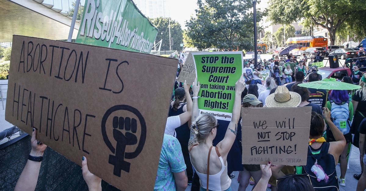 Los Angeles, CA, Monday, June 27, 2022 - RiseupforAbortionRights rallies hundreds throughout downtown opposing the recent Supreme Court decision to strike down Roe v Wade. (Robert Gauthier/Los Angeles Times via Getty Images) (Getty Images)