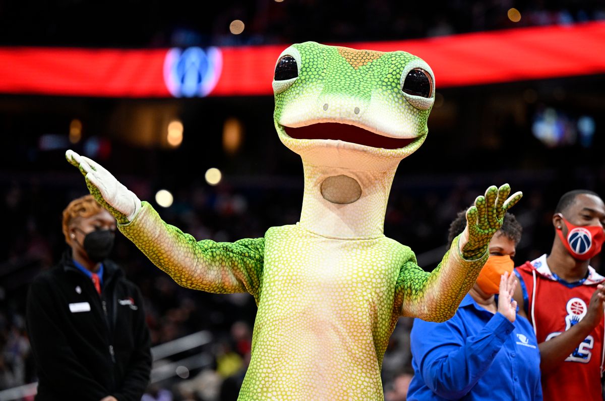 WASHINGTON, DC - FEBRUARY 10: The GEICO mascot performs during the game between the Washington Wizards and the Brooklyn Nets at Capital One Arena on February 10, 2022 in Washington, DC. NOTE TO USER: User expressly acknowledges and agrees that, by downloading and or using this photograph, User is consenting to the terms and conditions of the Getty Images License Agreement.  (Photo by G Fiume/Getty Images) (G. Fiume/Getty Images)