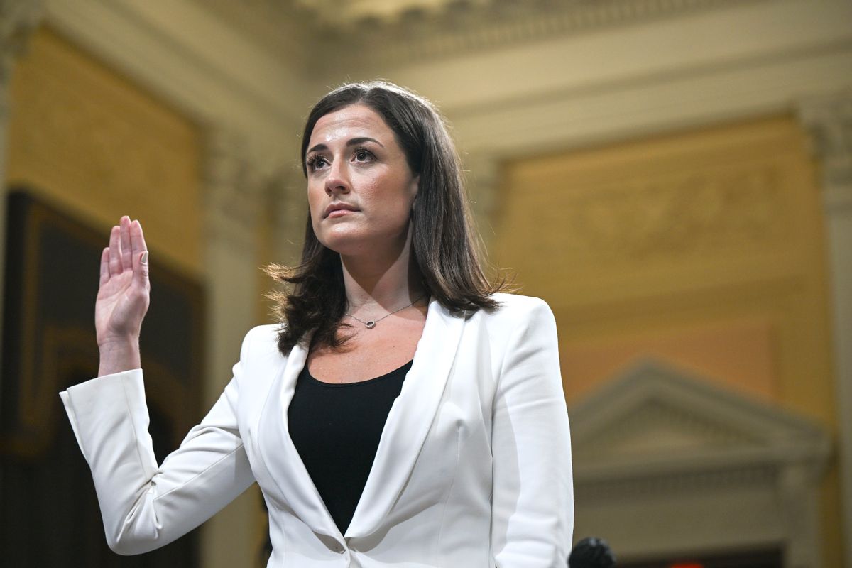 WASHINGTON, DC - JUNE 28: Cassidy Hutchinson, a top former aide to Trump White House Chief of Staff Mark Meadows, is sworn-in as she testifies during the sixth hearing by the House Select Committee on the January 6th insurrection in the Cannon House Office Building on June 28, 2022 in Washington, DC. The bipartisan committee, which has been gathering evidence for almost a year related to the January 6 attack at the U.S. Capitol, is presenting its findings in a series of televised hearings. On January 6, 2021, supporters of former President Donald Trump attacked the U.S. Capitol Building during an attempt to disrupt a congressional vote to confirm the electoral college win for President Joe Biden. (Photo by Brandon Bell/Getty Images) (Brandon Bell/Getty Images)