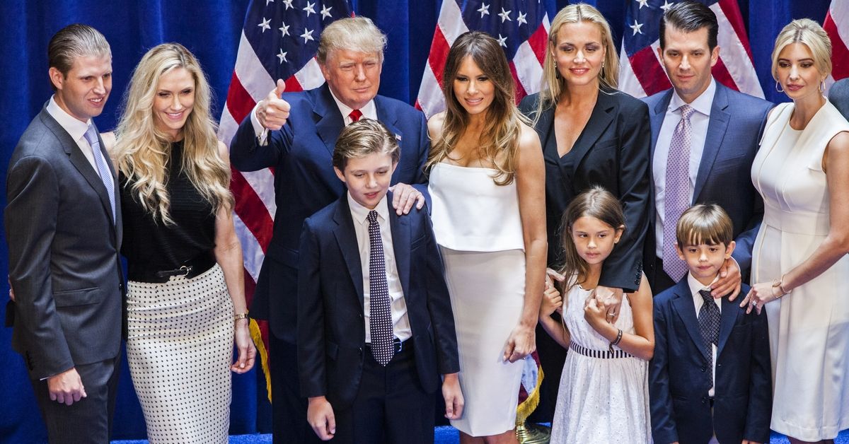 NEW YORK, NY - JUNE 16:   (L-R) Eric Trump, Lara Yunaska Trump, Donald Trump, Barron Trump, Melania Trump, Vanessa Haydon Trump, Kai Madison Trump, Donald Trump Jr., Donald John Trump III, and  Ivanka Trump pose for photos on stage after Donald Trump announced his candidacy for the U.S. presidency at Trump Tower on June 16, 2015 in New York City. Trump is the 12th Republican who has announced running for the White House.  (Photo by Christopher Gregory/Getty Images) (Christopher Gregory/Getty Images)