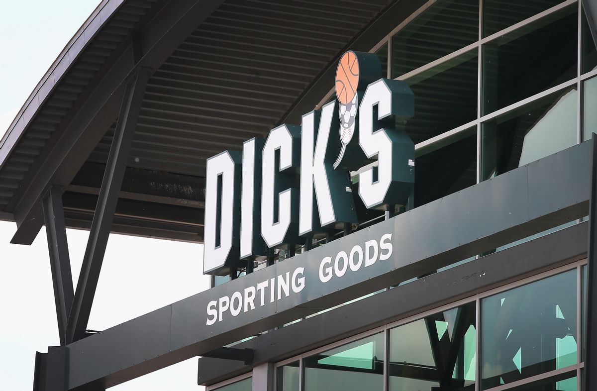 NILES, IL - MAY 20:  A sign with the company logo hangs above the entrance of a Dick's Sporting Goods store on May 20, 2014 in Niles, Illinois. Dicks Sporting Goods stock price plummeted more than 17% during mid-day trading today following a weaker than expected earnings announcement.  (Photo by Scott Olson/Getty Images) (Scott Olson/Getty Images)