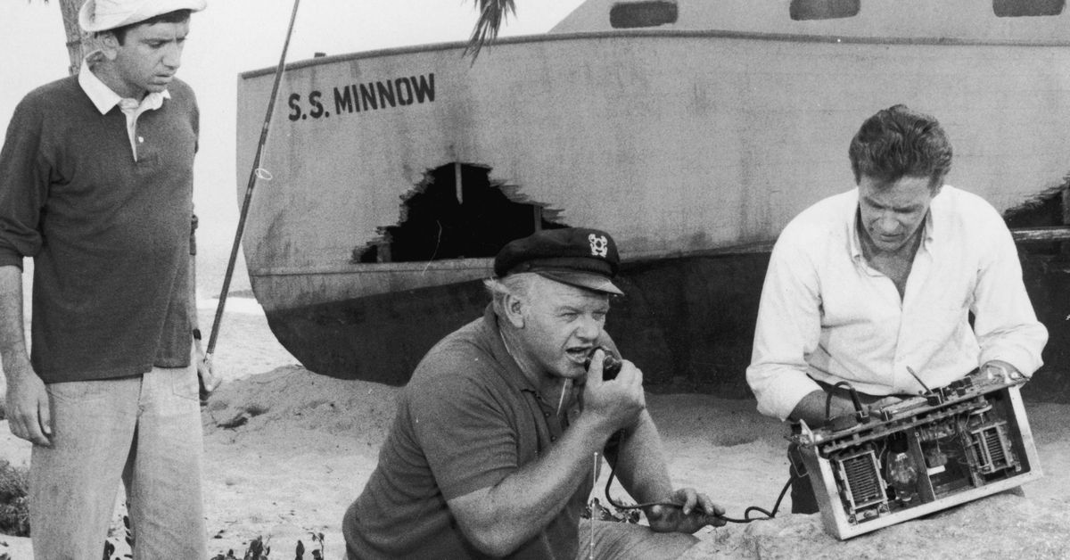 Circa 1966, American actors, left to right, Bob Denver, Alan Hale Jr. (1918-1990) and Russell Johnson attempt to use a homemade CB radio to contact civilization in a still from the television comedy show 'Gilligan's Island'. (Photo by CBS/Getty Images) (CBS/Getty Images)