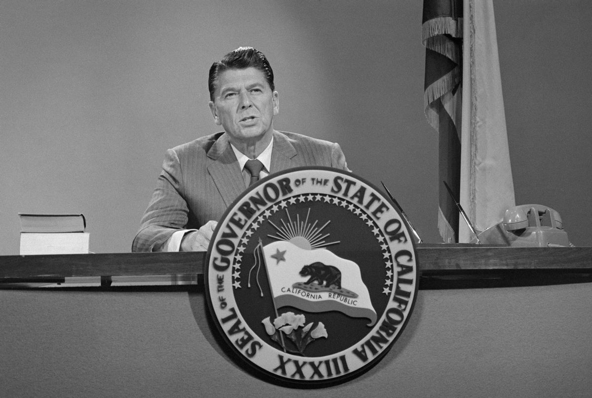 (Original Caption) Sacramento: Gov. Ronald Reagan explains his requested shutdown of California's higher education system in the wake of threatened anti-war violence on statewide television. Reagan said he took action after learning "that deliberate violence and disruptions planned for a number of institutions" in California. (Bettmann / Contributor)