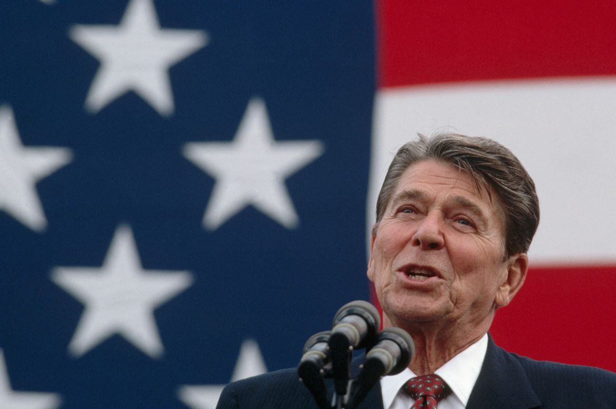 President Ronald Reagan makes a stump speech in front of a large American flag. (Photo by © Wally McNamee/CORBIS/Corbis via Getty Images) (Wally McNamee/CORBIS/Corbis via Getty Images)