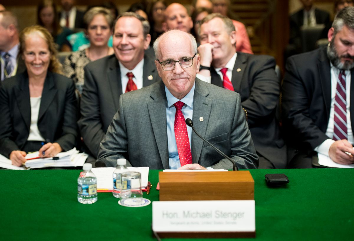 UNITED STATES - MAY 15: Senate Sergeant at Arms Michael Stenger prepares to testify during the Senate Appropriations Committee Legislative Branch Subcommittee hearing on the FY2019 funding request and budget justification for the Senate Sergeant at Arms and the U.S. Capitol Police on Tuesday, May 15, 2018. (Photo By Bill Clark/CQ Roll Call) (Bill Clark/CQ Roll Call)