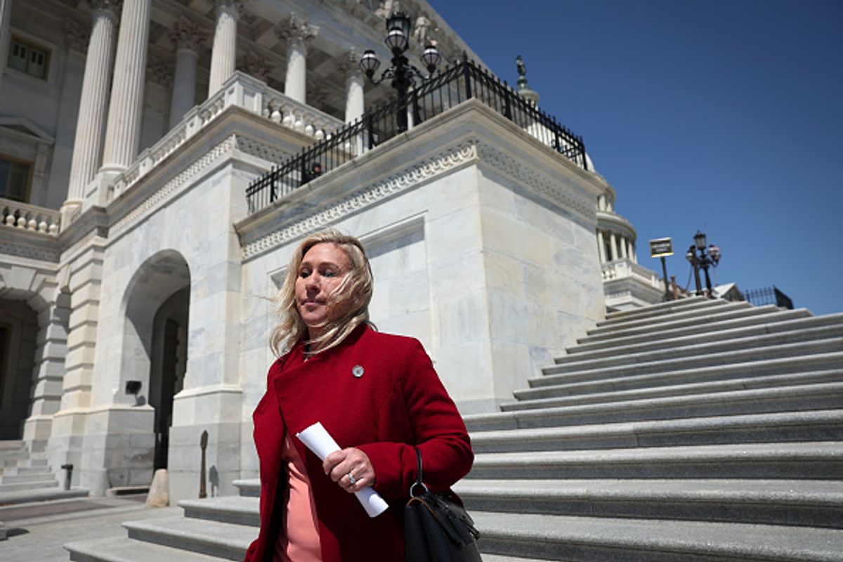 WASHINGTON, DC - APRIL 28: Rep. Marjorie Taylor Greene (R-GA) walks to a press conference outside the U.S. Capitol April 28, 2022 in Washington, DC. Greene discussed Elon Musk’s recent purchase of Twitter during the press conference. (Photo by Win McNamee/Getty Images) (Win McNamee/Getty Images)