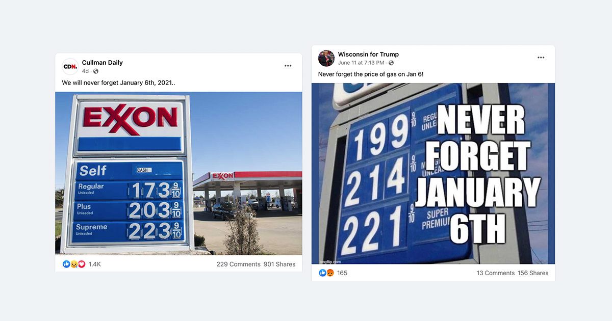 Facebook and Twitter posts and memes said to never forget January 6th and showed gas prices instead of images of the Capitol riot. (Facebook)