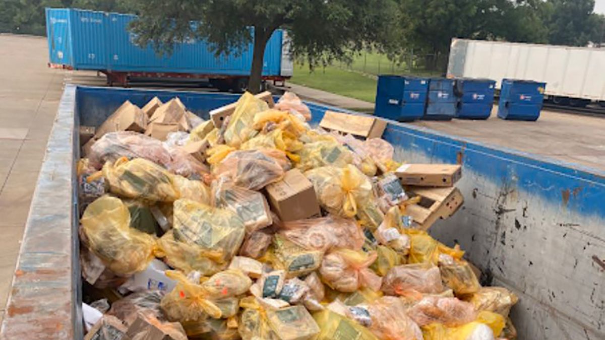 A tweet from Laila Dalton said that food-share or FoodShare bags that Starbucks supposedly donates were found in a blue garbage dumpster in Grand Prairie, Texas. (@lailaddaltonn (Twitter))