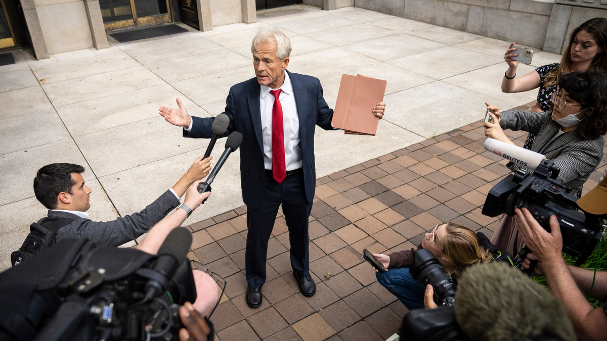 Former Trump White House Advisor Peter Navarro talks to the media as he leaves federal court on June 3, 2022 in Washington, DC. A federal grand jury indicted former Trump White House adviser Peter Navarro for contempt of Congress after refusing to cooperate with the House January 6 Committees investigation. (Via Getty Images) (Getty Images)