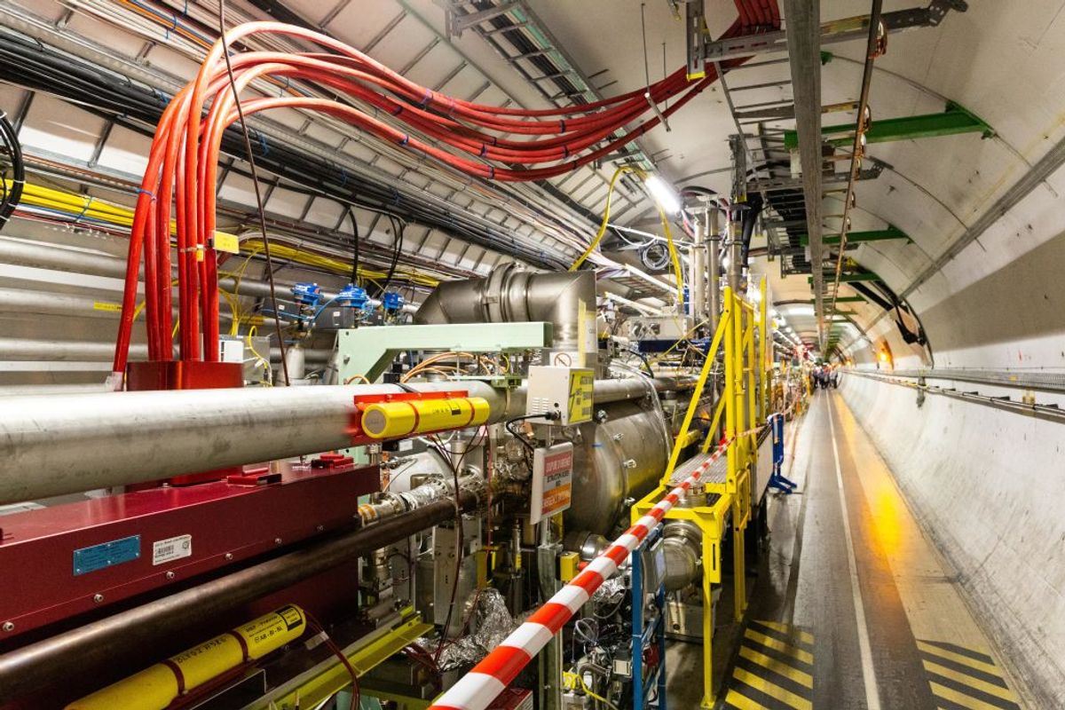 MEYRIN, SWITZERLAND - SEPTEMBER 14: A part of complex Large Hadron Collider (LHC) is seen underground during the Open Days at the CERN particle physics research facility on September 14, 2019 in Meyrin, Switzerland. The 27km-long Large Hadron Collider is currently shut down for maintenance, which has created an opportunity to offer access to the public. CERN, the European Organization for Nuclear Research, is the world's largest laboratory for research into particle physics. (Photo by Ronald Patrick/Getty Images) (Getty Images)