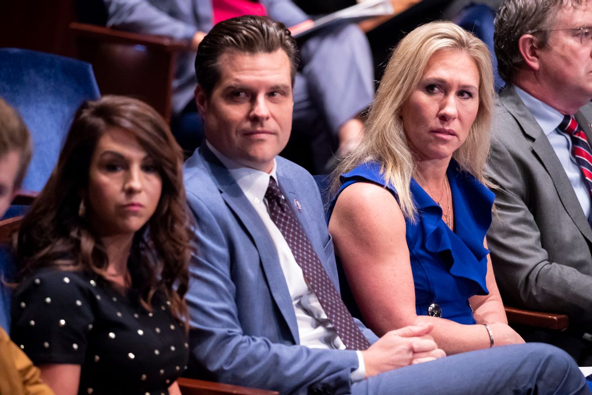 WASHINGTON, DC - OCTOBER 21: (L-R) Rep. Lauren Boebert (R-CO), Rep. Matt Gaetz (R-FL) and Rep. Marjorie Taylor Greene (R-GA) attend a House Judiciary Committee hearing with testimony from U.S. Attorney General Merrick Garland at the U.S. Capitol on October 21, 2021 in Washington, DC. Garland is expected to give testimony about the status of the Justice Department's investigations into the January 6th attack on the Capitol. (Photo by Michael Reynolds-Pool/Getty Images) (Michael Reynolds-Pool/Getty Images)