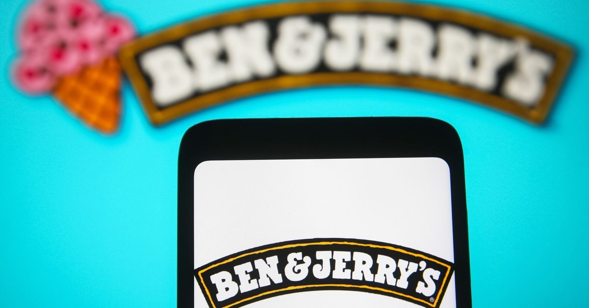 UKRAINE - 2022/02/10: In this photo illustration, a Ben &amp; Jerry's Homemade Holdings Inc. logo is displayed on a smartphone screen and in the background. (Photo Illustration by Pavlo Gonchar/SOPA Images/LightRocket via Getty Images)