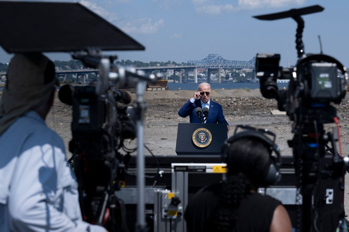 US President Joe Biden delivers remarks at the former location of the Brayton Point Power Station in Somerset, Massachussets, on July 20, 2022. - Biden warned that climate change represents a "clear and present danger" to the nation, as he outlined new executive action aimed at tackling global warming. (Photo by Brendan Smialowski / AFP) (Photo by BRENDAN SMIALOWSKI/AFP via Getty Images) (BRENDAN SMIALOWSKI/AFP via Getty Images)