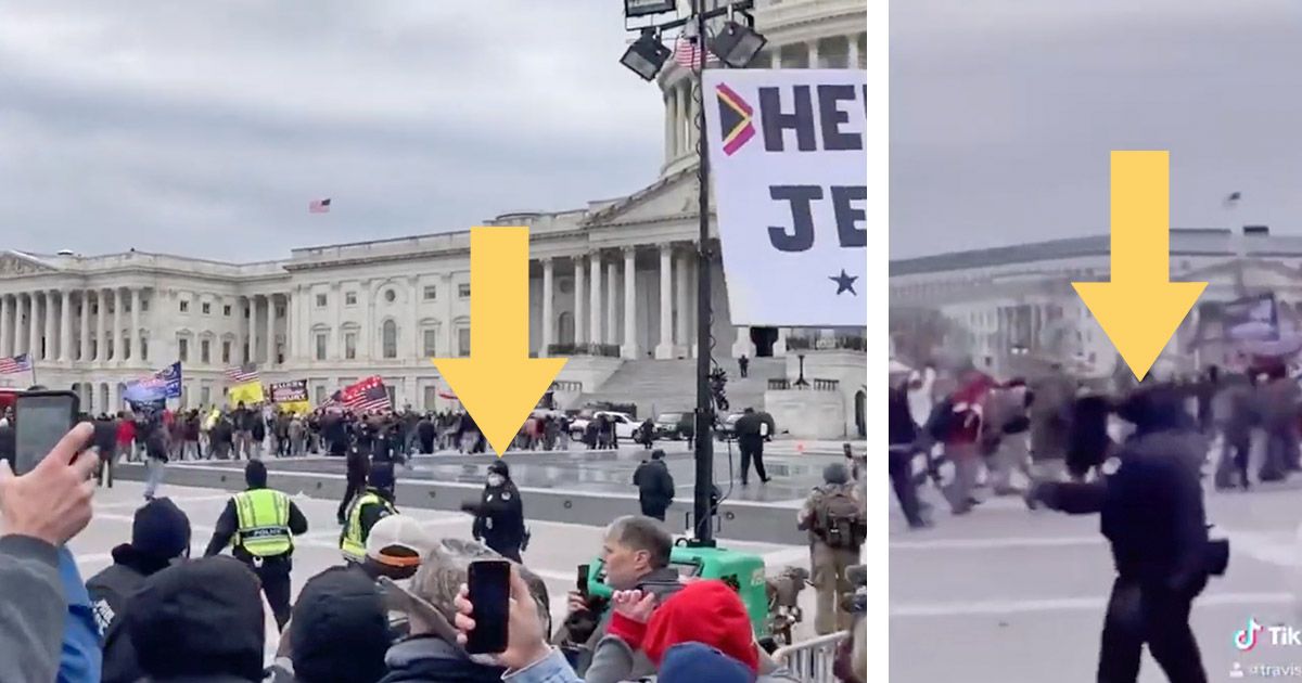 Videos were misleading that said US Capitol Police were waving in protesters, including clips captioned as "Capitol Police Officer Brings Terrorists In" and "A Police Officer WAVED THEM ALL IN." (Hunting Insurrectionists (YouTube))