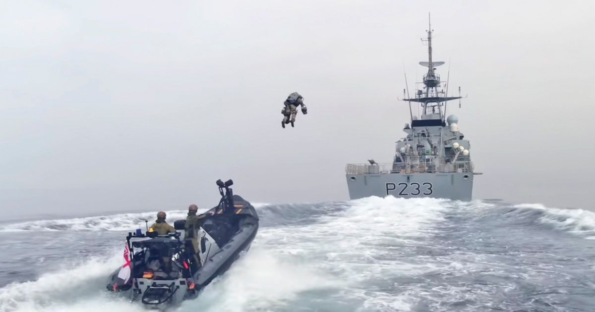 A Facebook post and Reddit thread said that a video showed Marines perform boarding exercises with jetpacks and landing on a high-speed ship. (Gravity Industries)