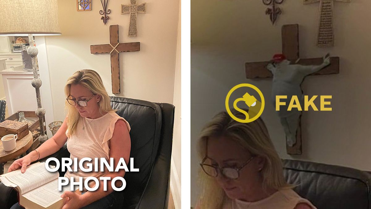 A picture did not show Marjorie Taylor Greene with a Trump figurine with a red hat on a cross behind her while she was reading the Bible. (Twitter)