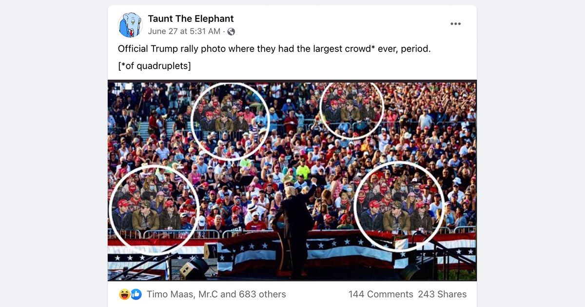According to a Facebook post a picture showed an official Trump rally photo where they had the largest crowd ever period. (Facebook)