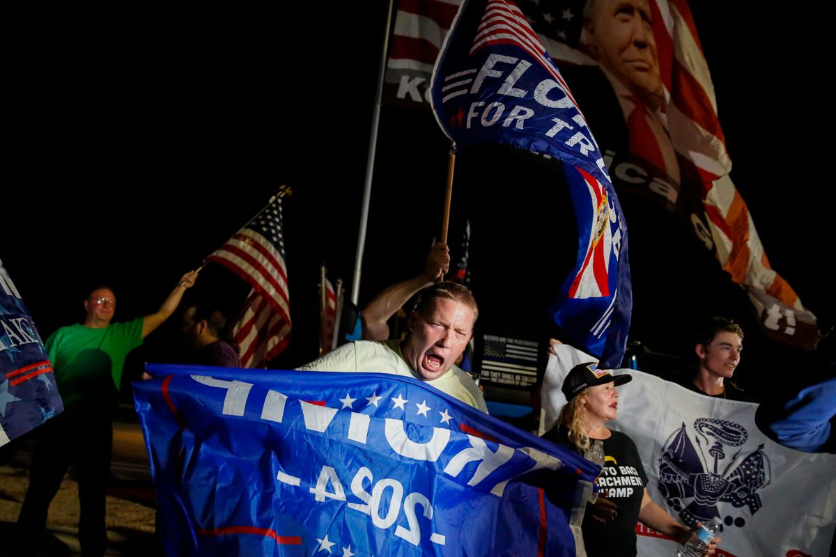 PALM BEACH, FL - AUGUST 08: Supporters of former President Donald Trump rally near his home at Mar-A-Lago on August 8, 2022 in Palm Beach, Florida. The FBI raided the home to retrieve classified White House documents. (Photo by Eva Marie Uzcategui/Getty Images) (Eva Marie Uzcategui/Getty Images)