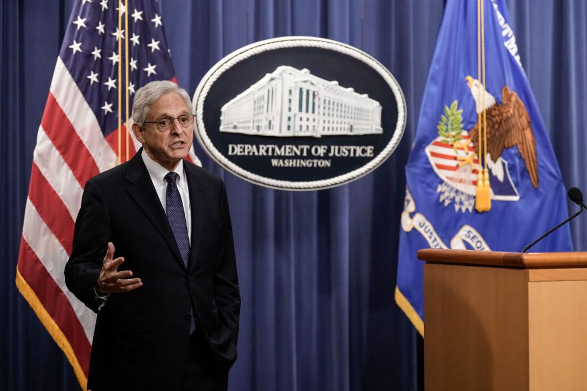 WASHINGTON, DC - AUGUST 11: U.S. Attorney General Merrick Garland explains to reporters that he will not take questions after he delivered a statement at the U.S. Department of Justice August 11, 2022 in Washington, DC. Garland addressed the FBI's recent search of former President Donald Trump's Mar-a-Lago residence, announcing the Justice Department has filed a motion to unseal the search warrant as well as a property receipt for what was taken. (Photo by Drew Angerer/Getty Images) (Getty Images)