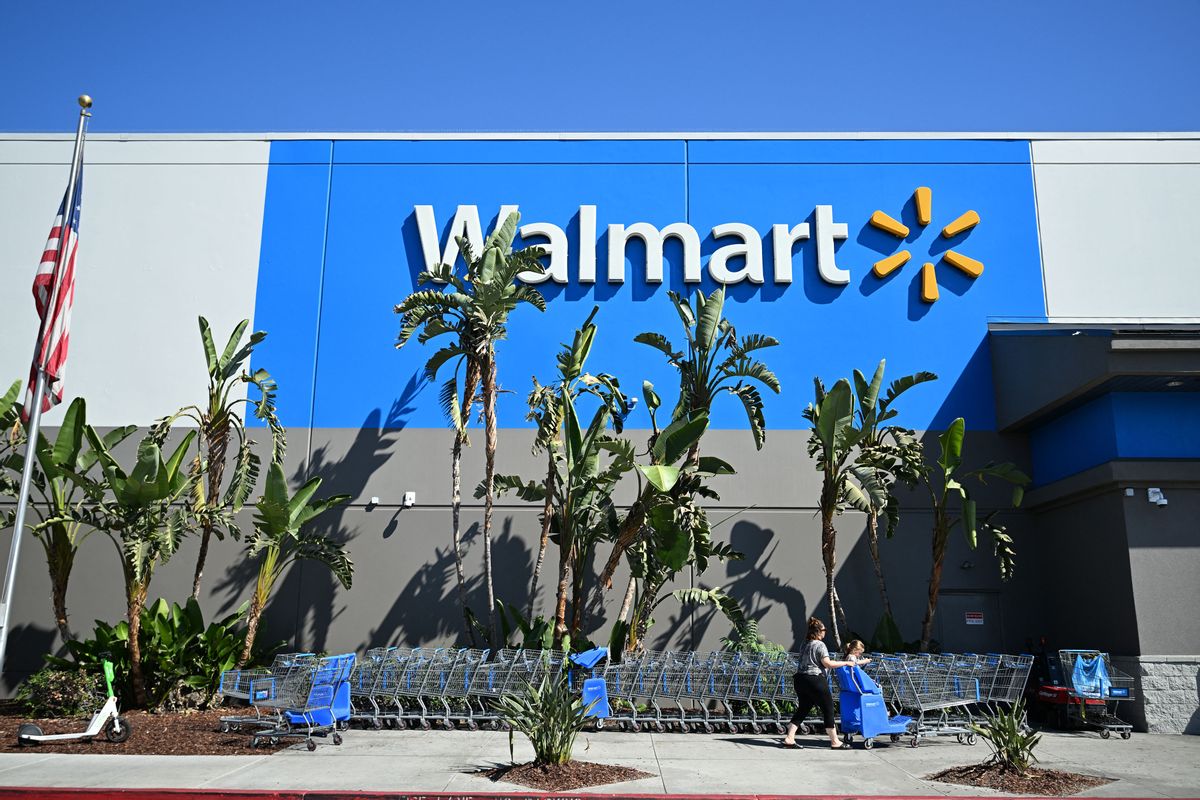 The Walmart logo is seen outside a Walmart store in Burbank, California on August 15, 2022. - Walmart, the largest retailer the United States, will report second quarter earnings on August 16, 2022. (Photo by Robyn Beck / AFP) (Photo by ROBYN BECK/AFP via Getty Images) (ROBYN BECK/AFP via Getty Images)