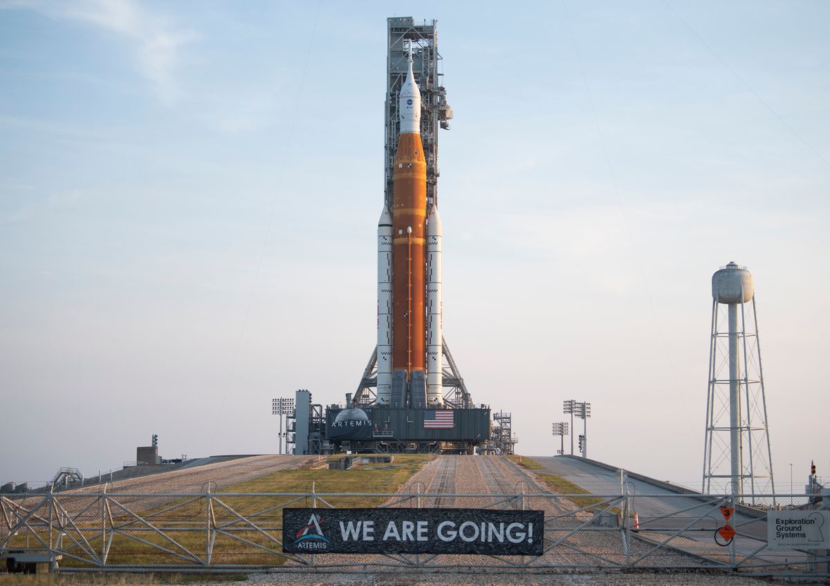 CAPE CANAVERAL, FL - AUGUST 17: In this handout image provided by NASA, NASA's Space Launch System (SLS) rocket with the Orion spacecraft aboard is seen atop the mobile launcher at Launch Pad 39B at the Kennedy Space Center on August 17, 2022 in Cape Canaveral, Florida. NASA's Artemis I mission is the first integrated test of the agency's deep space exploration systems, which includes the Orion spacecraft, SLS rocket, and supporting ground systems. Launch of the uncrewed flight test is targeted for no earlier than August 29. (Photo by Joel Kowsky/NASA via Getty Images) (Getty Images)