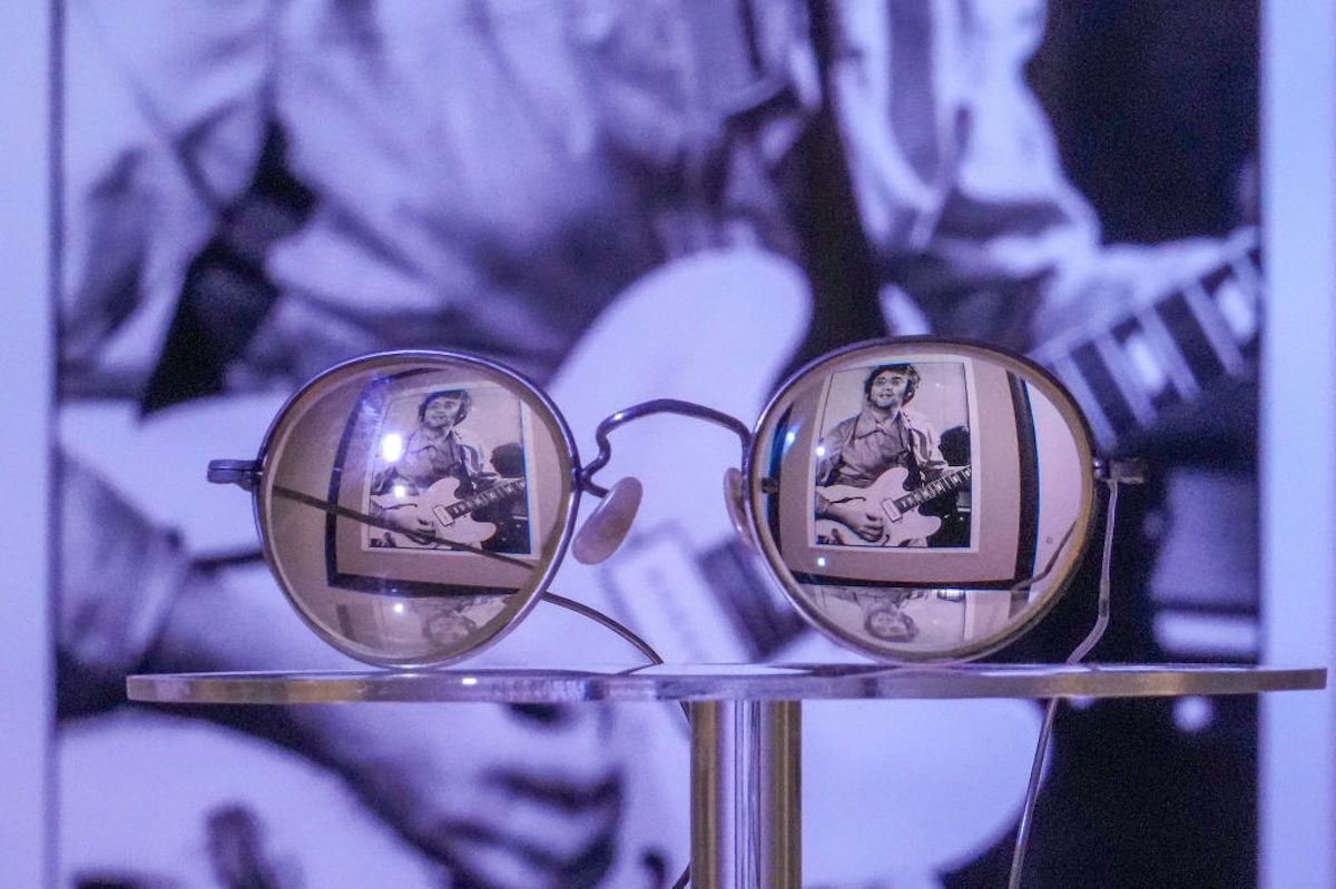 LIVERPOOL, ENGLAND - DECEMBER 11: John Lennon's glasses are seen on display ahead of a visit to The Beatles Story Museum by G7 Foreign and Development Ministers in Liverpool, the hometown of The Beatles on December 11, 2021 in Liverpool, England. This is the second in-person meeting of G7 foreign ministers during the UK's G7 presidency, following an event in London in May. The UK also hosted the G7 Leaders' Summit in Carbis Bay earlier this year. (Photo by Christopher Furlong/Getty Images) (Getty Images)