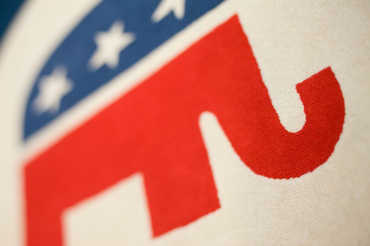 The elephant, a symbol of the Republican Party, on in a rug in the lobby of the Republican Party's headquarters in Washington. (Photo by Brooks Kraft LLC/Corbis via Getty Images) (Brooks Kraft LLC/Corbis via Getty Images)