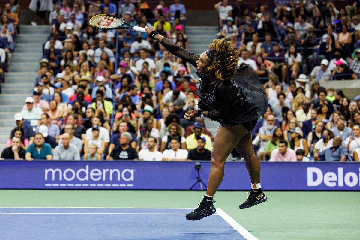 NEW YORK, NEW YORK - AUGUST 29: Serena Williams of the United States serves against Danka Kovinic of Montenegro in the first round of the women's singles of the US Open at the USTA Billie Jean King National Tennis Center on August 29, 2022 in New York City. (Photo by Frey/TPN/Getty Images) (Frey/TPN/Getty Images)