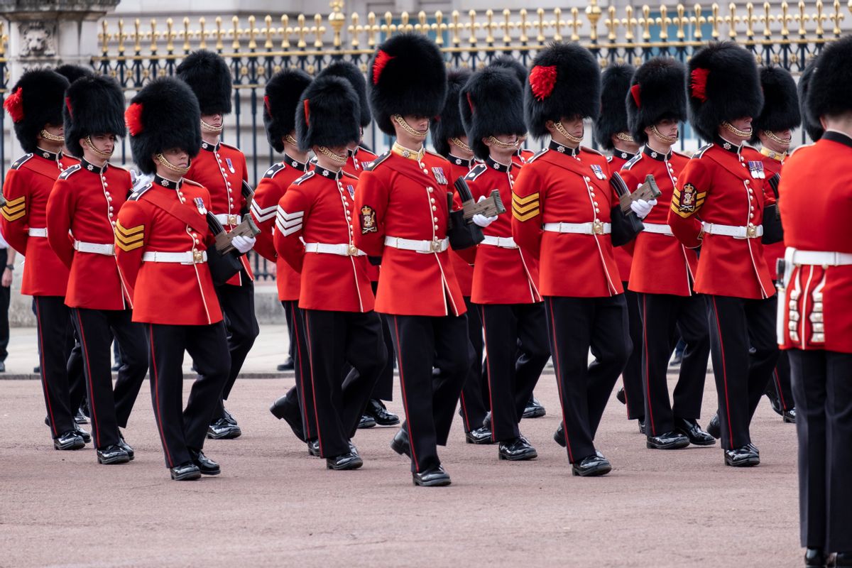 Grenadier Guards during the procession past Buckingham Palace at the State Funeral of Queen Elizabeth II on 19th September 2022 in London, United Kingdom. 11 days after it was announced that the Queen had passed away, hundreds of thousands of people gathered in central London to witness the funeral procession. (photo by Mike Kemp/In Pictures via Getty Images) (Getty Images)