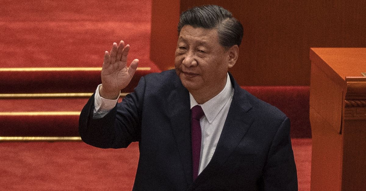 BEIJING, CHINA - APRIL 08: Chinese President Xi Jinping waves after speaking during a ceremony to honour contributions to the Beijing 2022 Winter Olympics and Paralympics at the Great Hall of the People on April 8, 2022 in Beijing, China. (Photo by Kevin Frayer/Getty Images) (Getty Images)