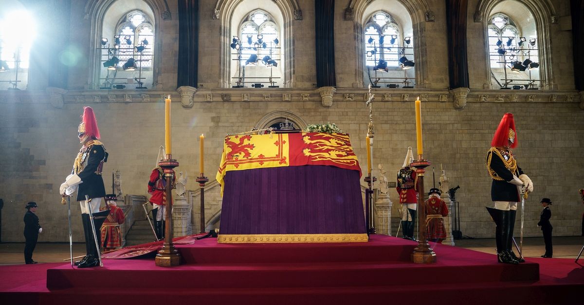 LONDON, ENGLAND - SEPTEMBER 14: Queen Elizabeth II lies-in State in an empty Palace of Westminster Hall ahead of the public being allowed in to pay their respects to the late Queen on September 14, 2022 in London, England, during the procession for the Lying-in State of Queen Elizabeth II. Queen Elizabeth II's coffin is taken in procession on a Gun Carriage of The King's Troop Royal Horse Artillery from Buckingham Palace to Westminster Hall where she will lay in state until the early morning of her funeral. Queen Elizabeth II died at Balmoral Castle in Scotland on September 8, 2022, and is succeeded by her eldest son, King Charles III.  (Photo by Christopher Furlong/Getty Images) (Christopher Furlong/Getty Images)