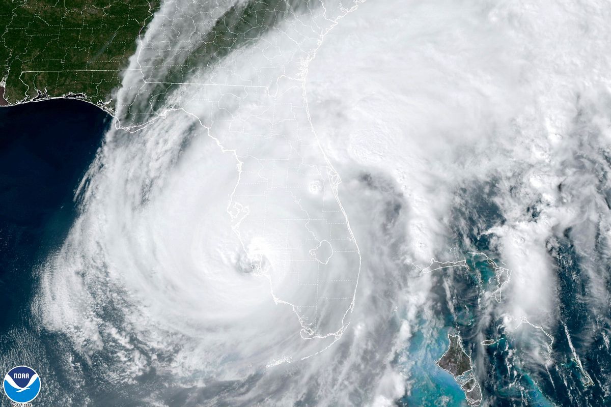 This satellite image taken at 3:06 p.m. EDT and provided by NOAA shows Hurricane Ian making landfall in southwest Florida near Cayo Costa, Fla., on Wednesday, Sept. 28, 2022, as a catastrophic Category 4 storm. (NOAA via AP) (AP Photo/Uncredited)