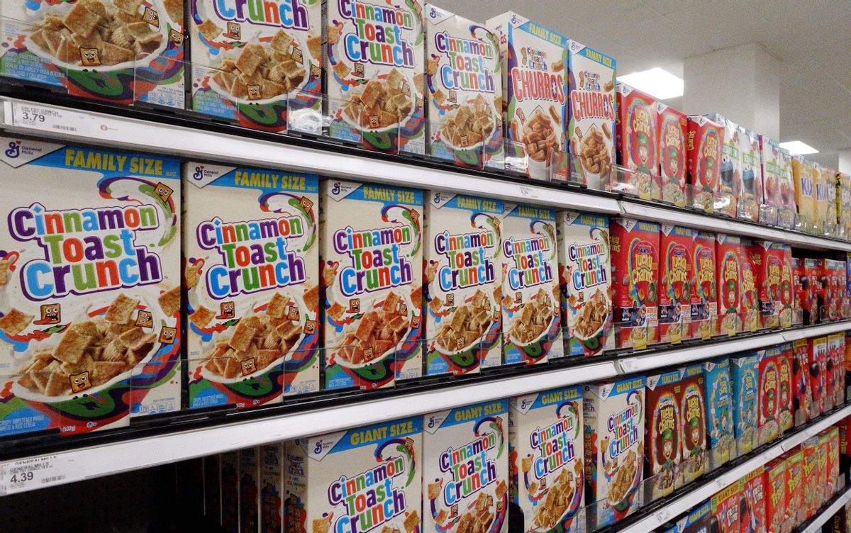 General Mills' Cinnamon Toast Crunch 18.8-ounce boxes are on display on a supermarket shelf on October 15, 2021, in Arlington, Virginia. - More air in that bag of chips? Fewer flakes in your cereal box? You're not imagining it: "Shrinkflation," a tactic used by industry to hide price increases, is back in vogue. Facing the post-pandemic inflationary surge, partly fueled by bottlenecks in global supply and trouble finding workers, companies are under more pressure to deal with rising costs. Consumer advocate Edgar Dworsky, who has followed the phenomenon he calls downsizing for quarter of a century, says he has identified dozens of products in recent months that have seen sneaky price increases. He found goods ranging from Charmin toilet paper rolls to Cheerios cereal, to Royal Canin canned cat food, where the size or weight has shrunk, but the price remains the same. (Photo by Olivier DOULIERY / AFP) (Photo by OLIVIER DOULIERY/AFP via Getty Images) (OLIVIER DOULIERY/AFP via Getty Images)