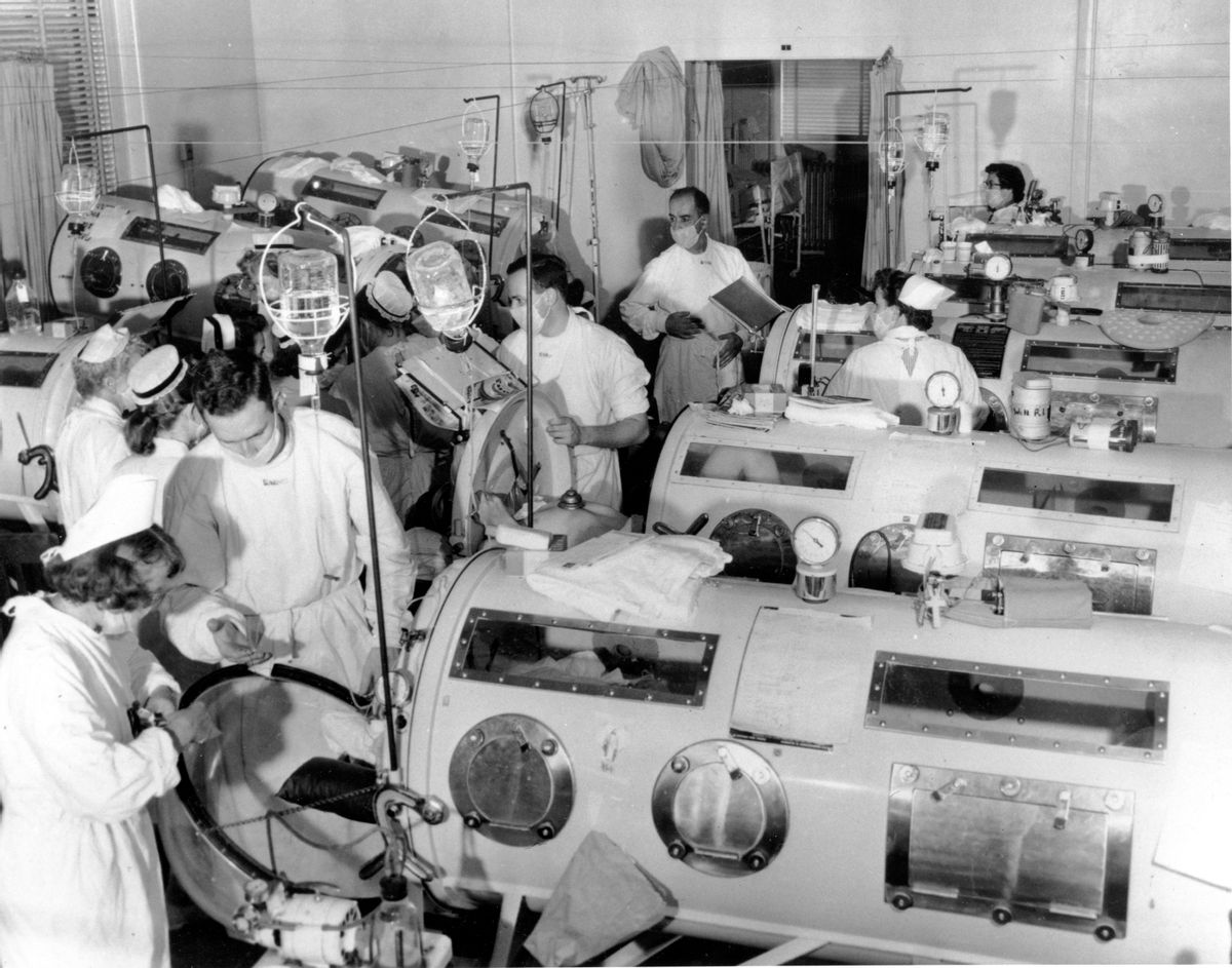 Critical-care patients in the emergency polio ward at Haynes Memorial Hospital in Boston in August 1955. (Associated Press photo)