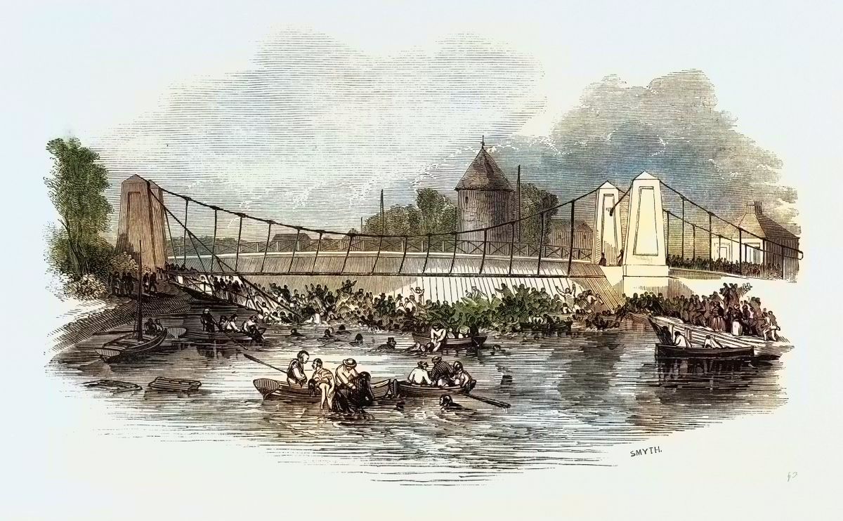Fall of the Suspension Bridge, at New Yarmouth, on Friday, May 2, 1845. (Photo by: Sepia Times/Universal Images Group via Getty Images) (Sepia Times/Universal Images Group via Getty Images)