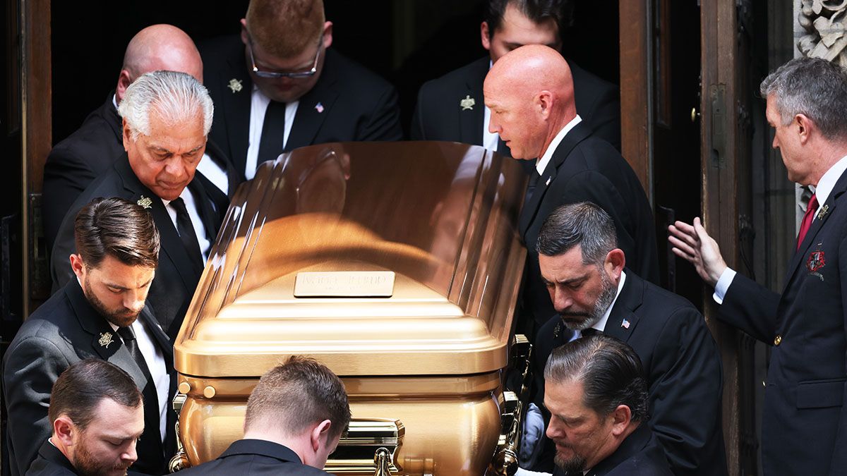 NEW YORK, NEW YORK - JULY 20: Pallbearers carry the casket of Ivana Trump out of St. Vincent Ferrer Roman Catholic Church during her funeral on July 20, 2022 in New York City. Trump, the first wife of former U.S. President Donald Trump,  died at the age of 73 after a fall down the stairs of her Manhattan home. (Photo by Michael M. Santiago/Getty Images) (Michael M. Santiago/Getty Images)