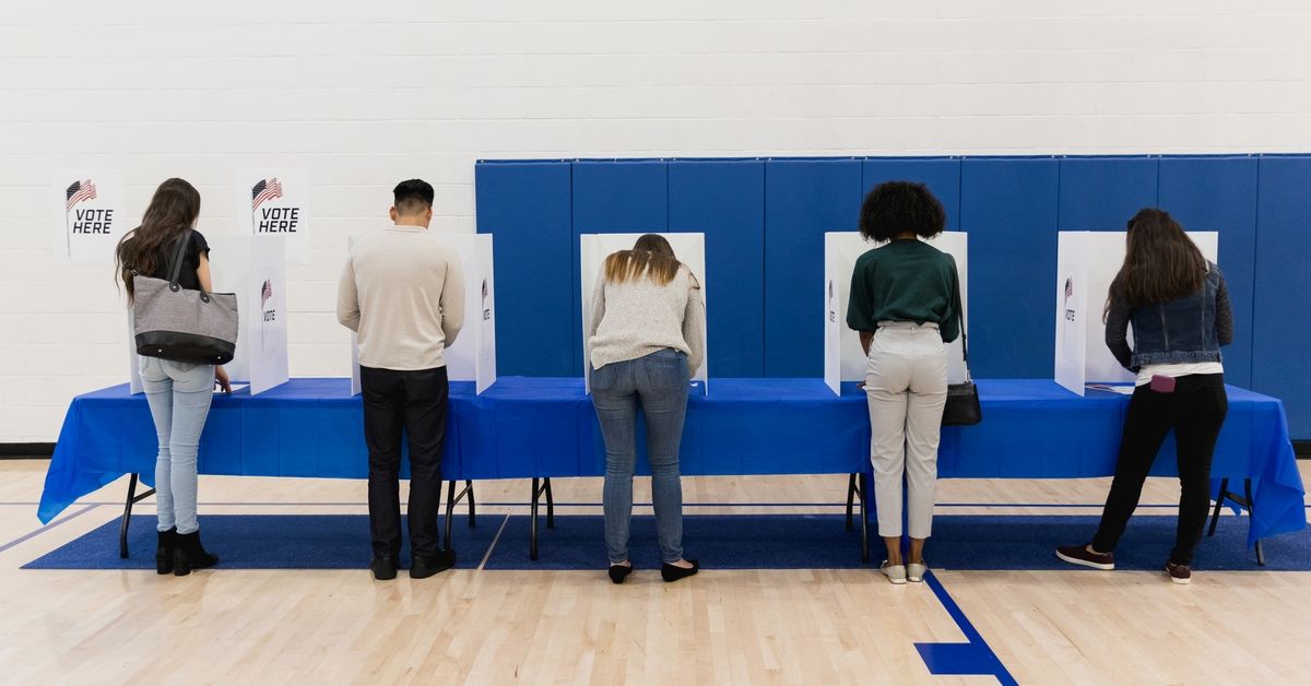 A rear view of a multi-ethnic group of people casting their ballots in the election. (Getty Images/Stock photo)