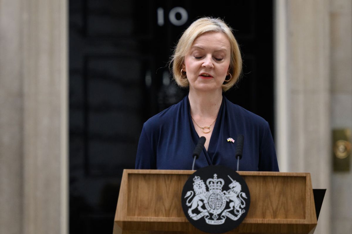 LONDON, ENGLAND - OCTOBER 20: Prime Minister Liz Truss announces her resignation as she addresses the media outside number 10 at Downing Street on October 20, 2022 in London, England. Liz Truss has been the UK Prime Minister for just 44 days and has had a tumultuous time in office. Her mini-budget saw the GBP fall to its lowest-ever level against the dollar, increasing mortgage interest rates and deepening the cost-of-living crisis. She responded by sacking her Chancellor Kwasi Kwarteng, whose replacement announced a near total reversal of the previous policies. Yesterday saw the departure of Home Secretary Suella Braverman and a chaotic vote in the House of Commons chamber. (Photo by Leon Neal/Getty Images) (Getty Images)