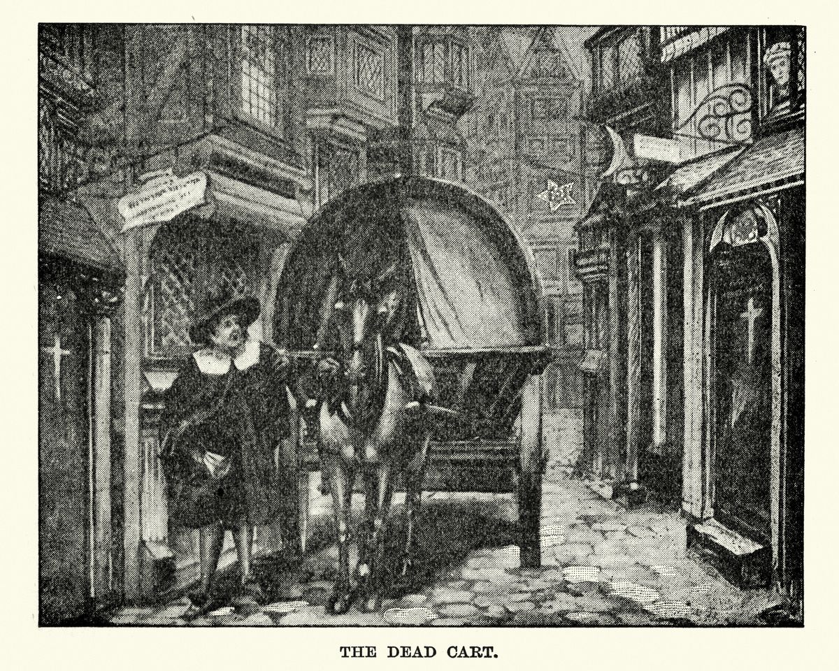 Vintage engraving of a dead cart collecting the bobies of plague victims during the Great Plague of London. The Great Plague, lasting from 1665 to 1666, was the last major epidemic of the bubonic plague to occur in England. (Getty Images/Stock photo)