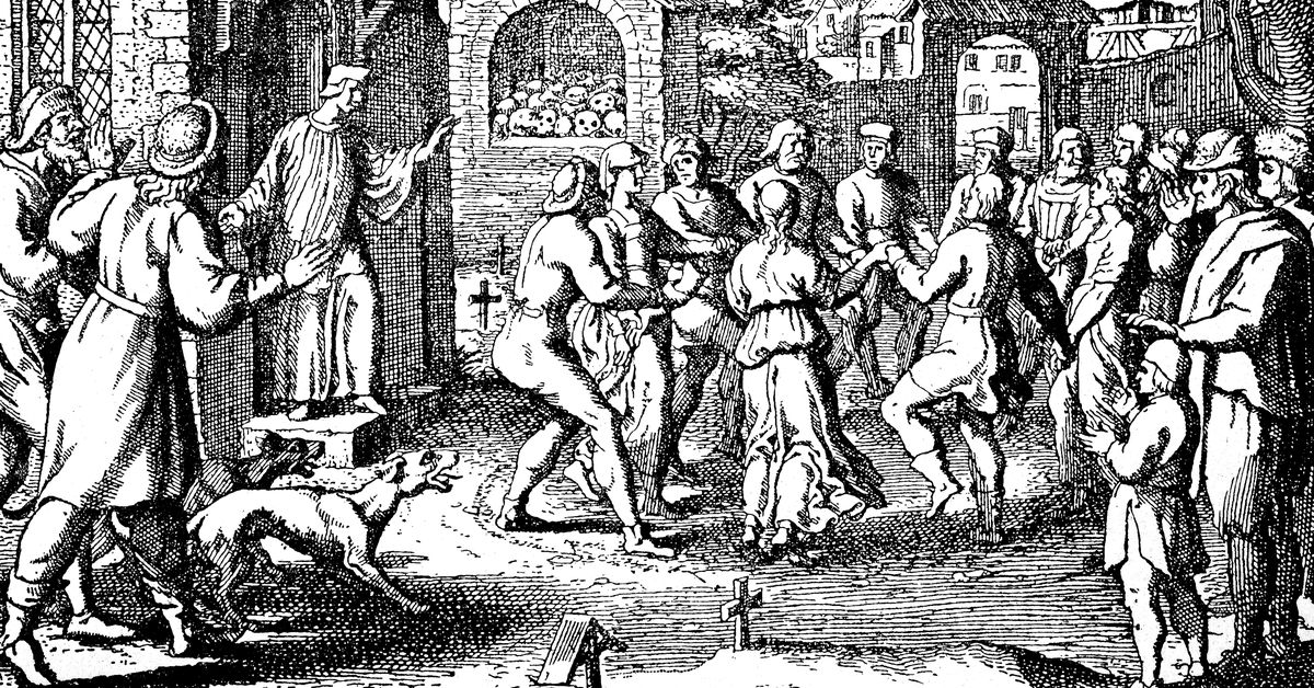 Religious erotic dance epidemics, dancing mania, also known as dancing plague, choreomania, was a social phenomenon that occurred primarily in mainland Europe between the 14th and 17th centuries, publication from the year 1882. (Photo by: Bildagentur-online/Universal Images Group via Getty Images) (Getty Images)