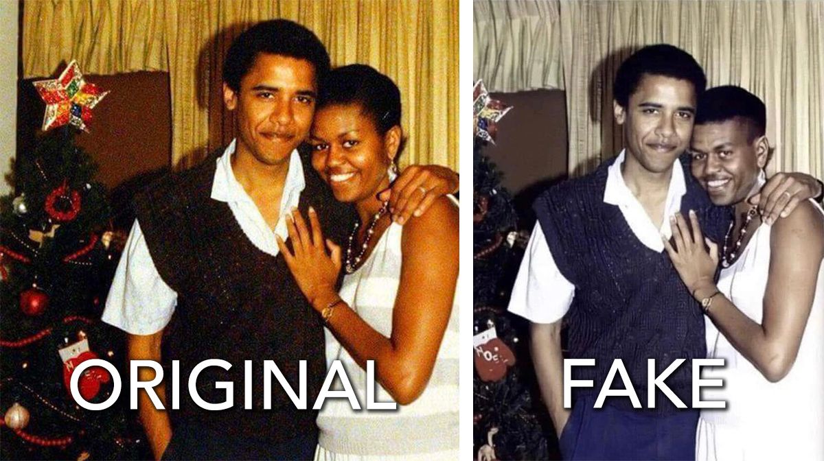 This picture of Barack and Michelle Obama was doctored to give Michelle male features and pushed the debunked conspiracy theory that her name is Michael. (Facebook)