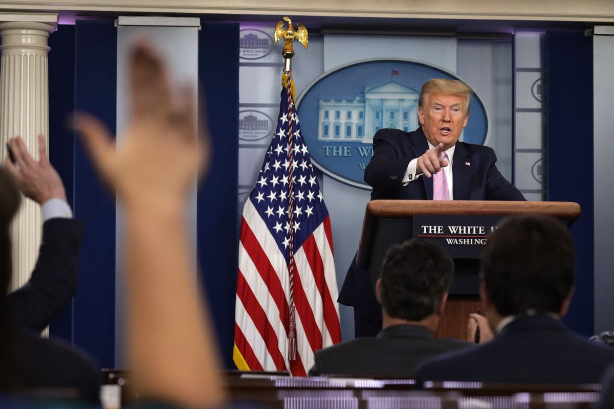 WASHINGTON, DC - APRIL 10:  U.S. President Donald Trump takes questions during the daily briefing of the White House Coronavirus Task Force in the James Brady Briefing Room April 10, 2020 at the White House in Washington, DC. According to Johns Hopkins University, New York state has more confirmed coronavirus cases than any other country outside of the United States. (Photo by Alex Wong/Getty Images) (Alex Wong/Getty Images)