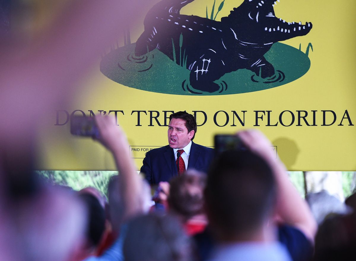 GENEVA, UNITED STATES - 2022/08/24: Florida Gov. Ron DeSantis speaks to supporters at a campaign stop on the Keep Florida Free Tour at the Horsepower Ranch in Geneva. 
DeSantis faces former Florida Gov. Charlie Crist for the general election for Florida Governor in November. (Photo by Paul Hennessy/SOPA Images/LightRocket via Getty Images) (Paul Hennessy/SOPA Images/LightRocket via Getty Images)