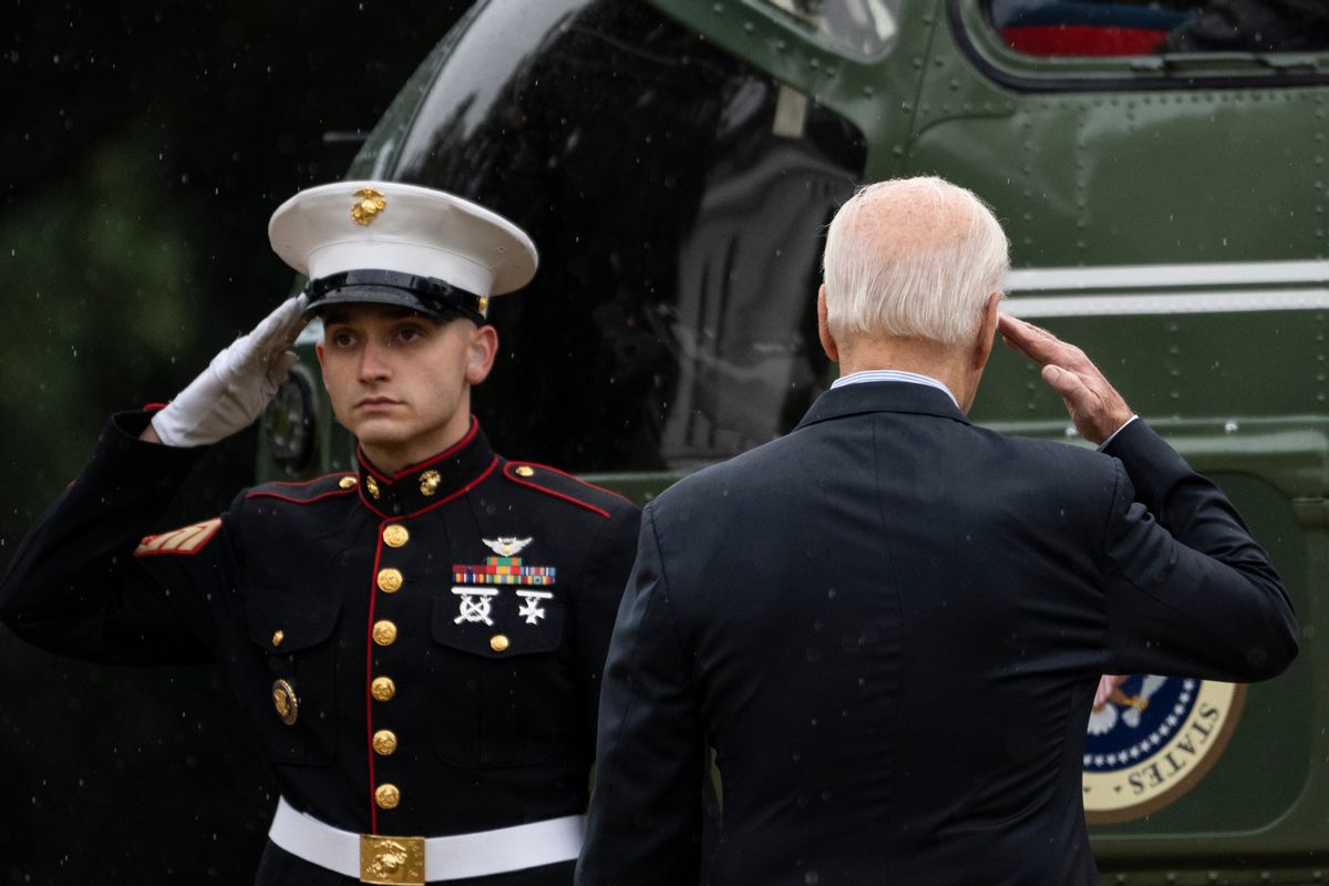WASHINGTON, DC - OCTOBER 3: U.S. President Joe Biden salutes before boarding Marine One on the South Lawn of the White House October 3, 2022 in Washington, DC. President Biden is traveling to Puerto Rico on Monday, where he will outline a $60 million plan to help the island recover from Hurricane Fiona. (Photo by Drew Angerer/Getty Images) (Drew Angerer/Getty Images)